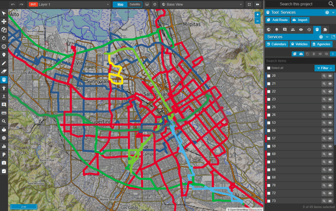 A network imported via GTFS